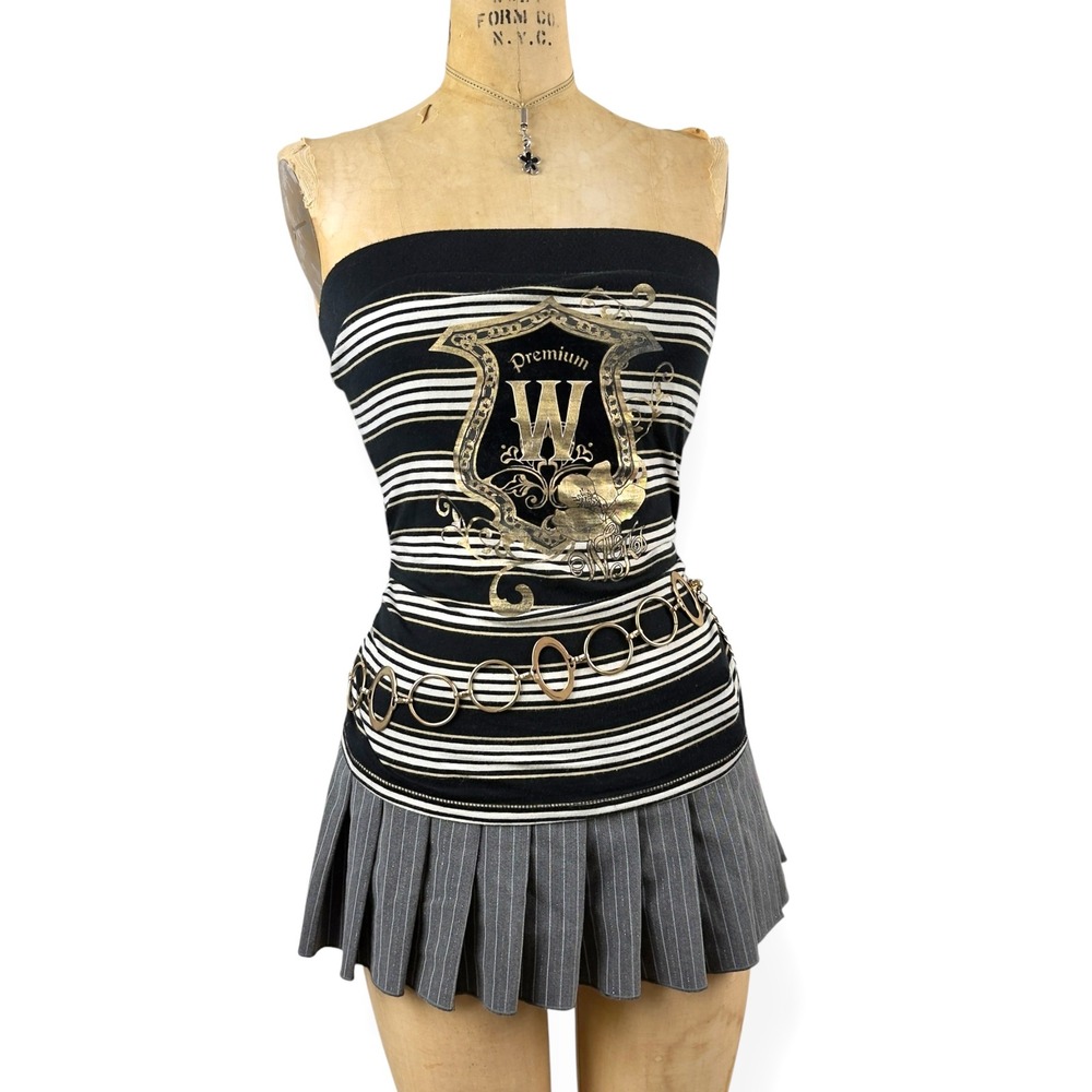 Y2K McBling Tube Top Size M Striped Gold Foil Crest Graphic Indie 2000s